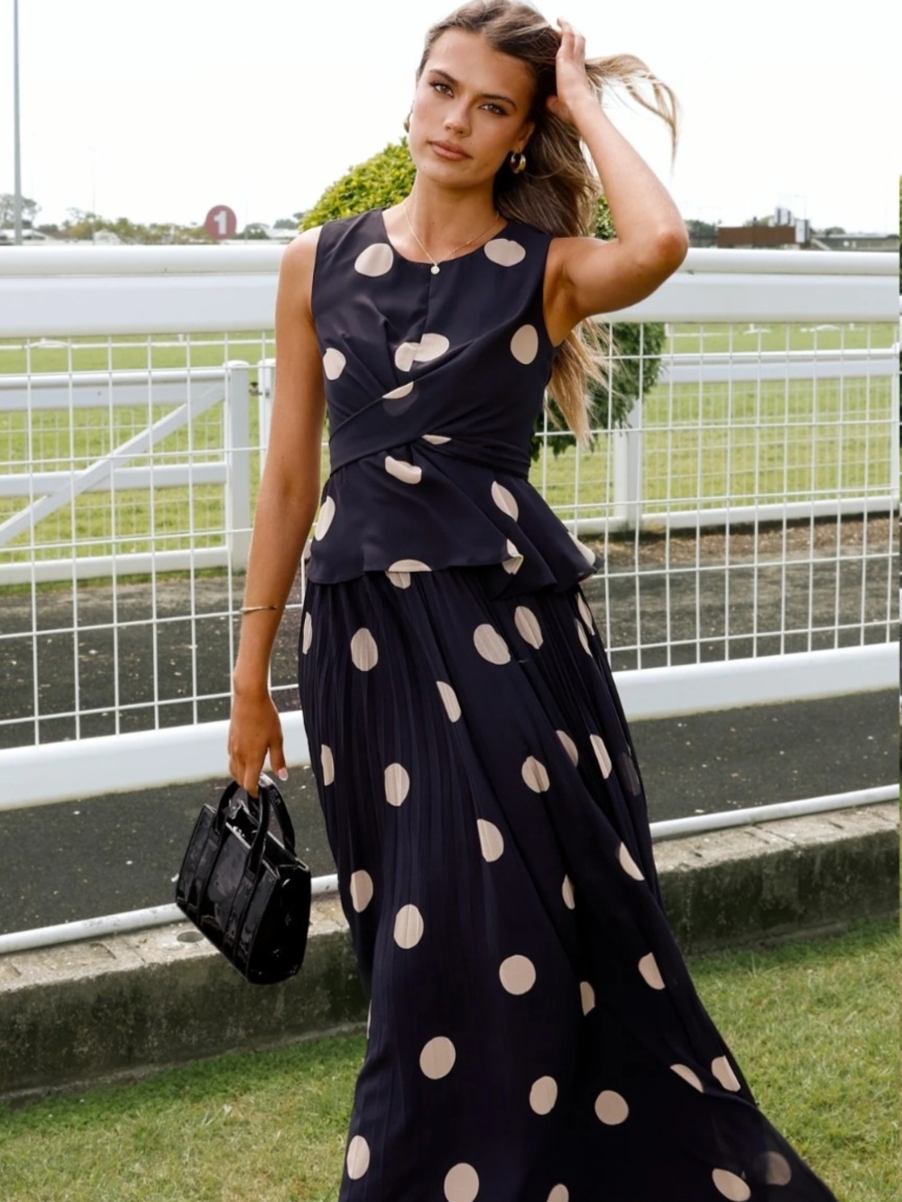 Black Polka Dot Pleated Maxi Dress - Elegant Women's Dress